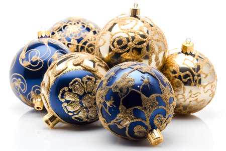 Blue and gold christmas balls isolated on a white background. Studio shot.の素材