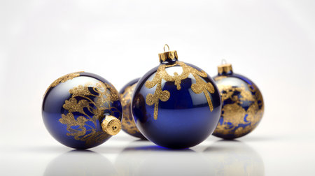 Three blue Christmas balls on a white background. 3D illustration.の素材