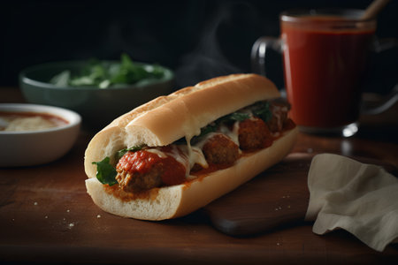 Homemade meatball sandwich with tomato sauce and arugula.の素材
