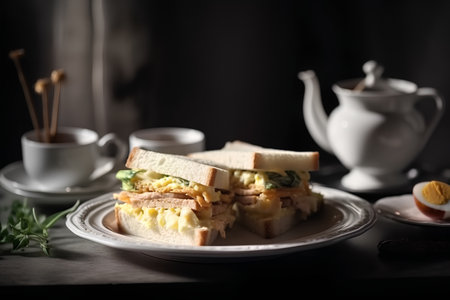 sandwich with chicken and eggs on a dark background, selective focusの素材