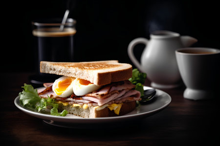 Sandwich with ham, cheese and egg on a dark background.