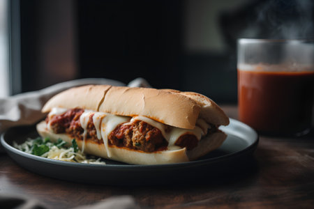 Homemade meatball sandwich with parmesan cheese and tomato sauceの素材