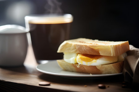 Breakfast with coffee, croissants and eggs on wooden tableの素材
