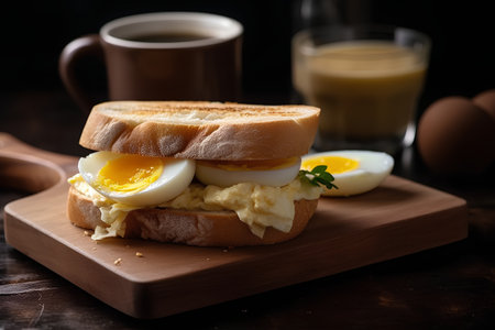 Sandwich with egg and cheese on wooden board. Selective focusの素材