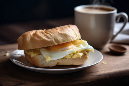 Sandwich with scrambled eggs and coffee cup on a wooden table.の素材
