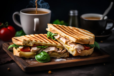 Club sandwich with chicken, cheese and vegetables on a dark background.の素材