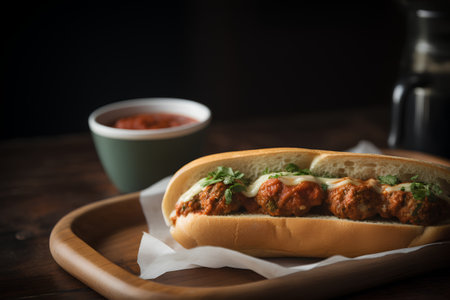 Baguette with meatballs and tomato sauce on a wooden tableの素材