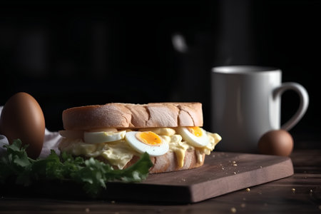 Sandwich with eggs and mayonnaise on a wooden board.の素材