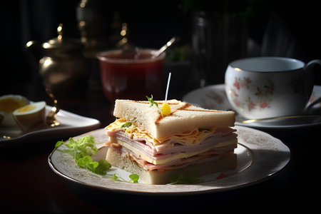 sandwich with ham, cheese and mayonnaise on a dark backgroundの素材