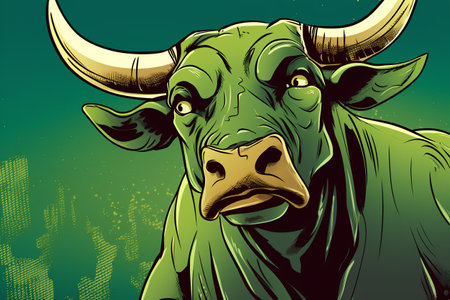 Vector illustration of a bull head with horns on a green background.の素材