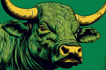 Bull head on green background. Vector illustration in retro comic style.の素材