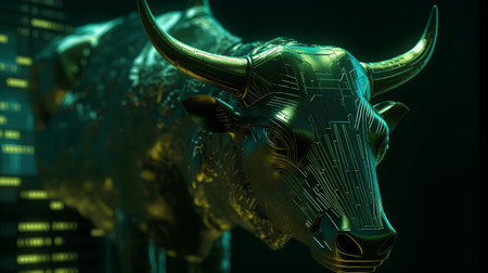 Digital illustration of bull head in digital background. 3D rendering.の素材
