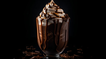 Chocolate milkshake with whipped cream and cocoa powder on black backgroundの素材