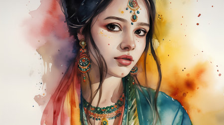 Portrait of a beautiful young woman with colorful make-up.の素材