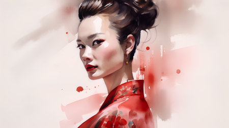 Portrait of a beautiful Asian woman with red lips and hairstyle.の素材