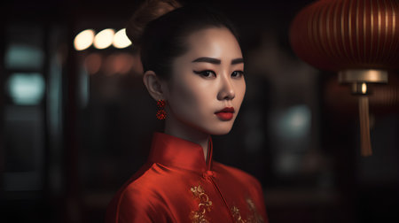 Beautiful asian woman in traditional chinese dress with red lipsの素材