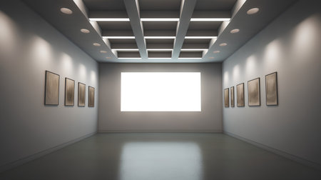 Empty gallery interior with blank poster on wall. 3D Renderingの素材