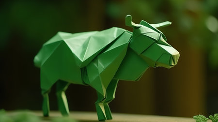 Green origami bull on green background. Symbol of new year 2015.の素材