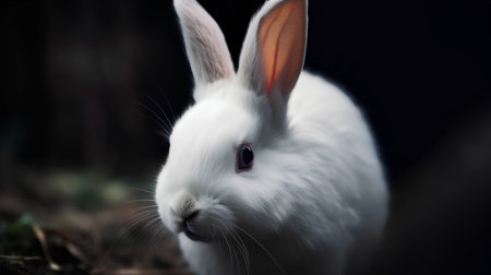 White rabbit on dark background, close-up, selective focus.の素材