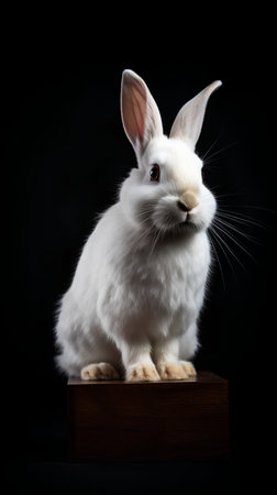White rabbit sitting on a wooden box isolated on a black background.の素材