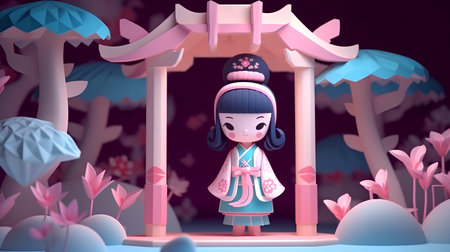 Korean girl in traditional costume in the garden,3d renderの素材