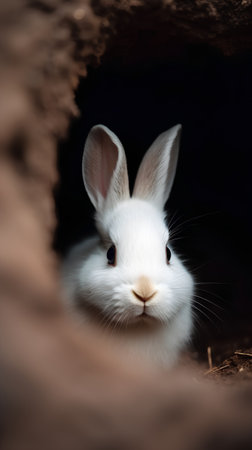 Cute little white rabbit in the cave. Animal portrait. Animal theme.の素材