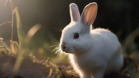 White rabbit in the grass at sunset, close-up portrait.の素材