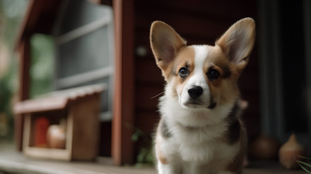 Cute Welsh Corgi Pembroke puppy looking at cameraの素材