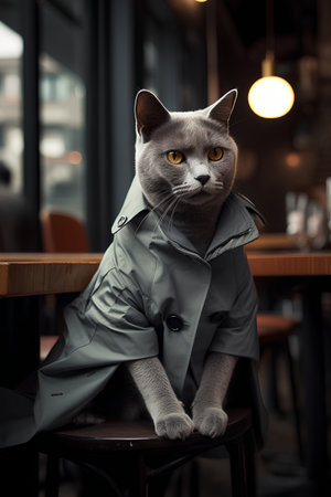 Cat in a raincoat sitting at a table in a cafe.の素材
