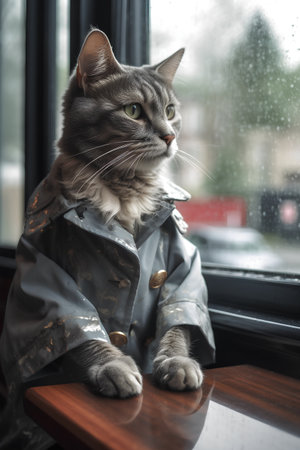 Cute cat in raincoat looking out the window at home.の素材