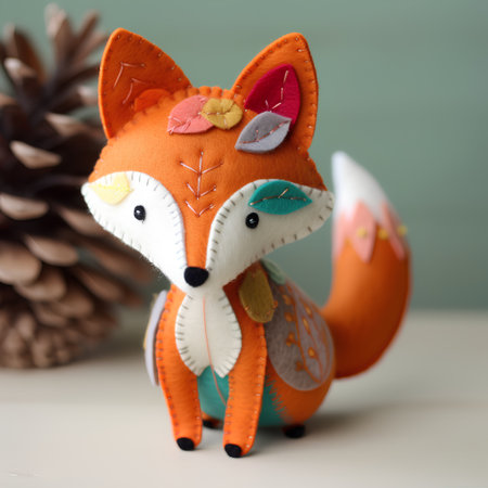 Felt fox with Christmas decoration on the background of a pine coneの素材