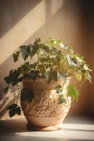 Green ivy plant in a pot on the windowsill in sunlightの素材