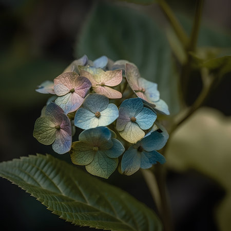 Hydrangea macrophylla, close up of a blue flowerの素材