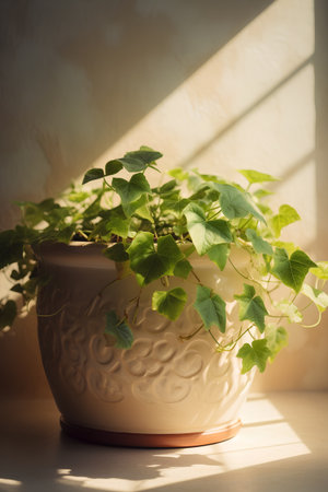 Green ivy plant in a pot on the windowsill in sunlightの素材