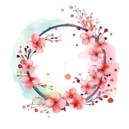 Watercolor floral wreath with sakura flowers on white background.の素材