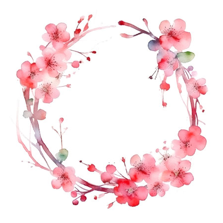 Watercolor cherry blossom wreath isolated on white background. Hand painted illustration.の素材