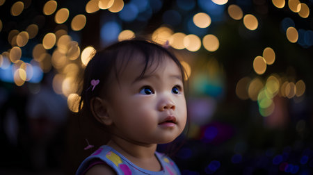 Cute asian little girl with bokeh light at nightの素材