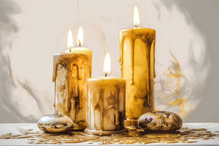 Burning wax candles with Halloween decoration on white background. Copy space.の素材
