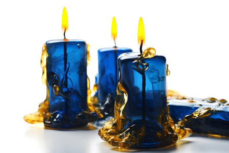 Three blue wax candles with flame isolated on white background. Close up.の素材