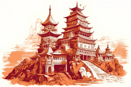 Pagoda and pagoda in China. Hand drawn vector illustration.の素材