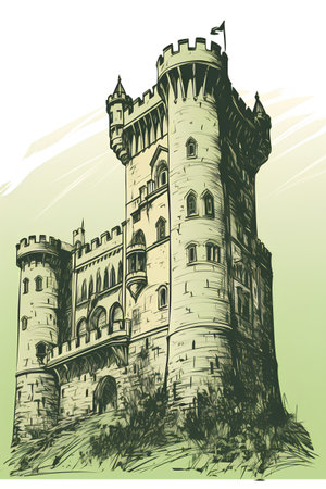 Castle in engraving style on a green background. Vector illustrationの素材