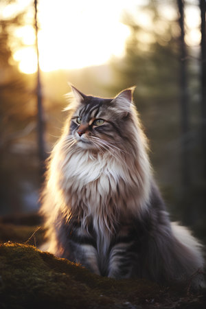 Beautiful siberian cat sitting in the forest at sunset.の素材