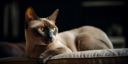Siamese cat lying on the sofa at home in the eveningの素材