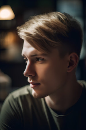 Portrait of a handsome young man with blond hair in a cafeの素材