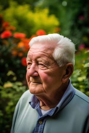 Portrait of an elderly man in the garden. Selective focus.の素材