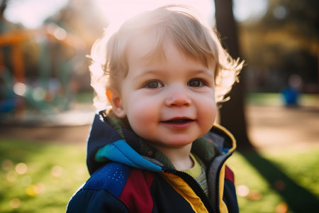 Portrait of a cute little boy in the park on a sunny dayの素材