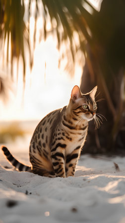 Beautiful bengal cat sitting on the beach at sunset.の素材