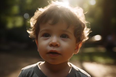 Portrait of a little boy in the park. Shallow depth of field.の素材
