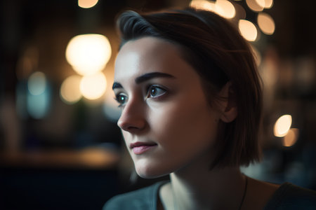 Portrait of a beautiful young woman in a cafe on a dark backgroundの素材
