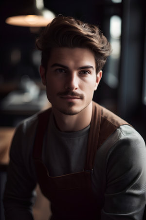 Portrait of handsome young man in apron sitting in cafe.の素材